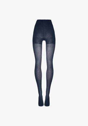 Marineblaue Strumpfhose mit einer strukturierten Rautenmusterung, undurchsichtig am oberen Bein und halbtransparent am unteren Bein. Glatte Oberfläche.