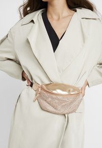 Borsa a cintura con parte superiore in oro metallico e rete beige testurizzata, dotata di chiusura con zip e di una tracolla nera regolabile.