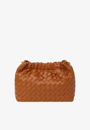 Brown woven leather handbag with a gathered top and gold hardware accents. Compact rectangular shape, smooth texture, and braided pattern.