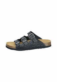 Black and patterned slide sandal with three adjustable buckles, cork footbed, and textured outsole, ideal for casual wear.