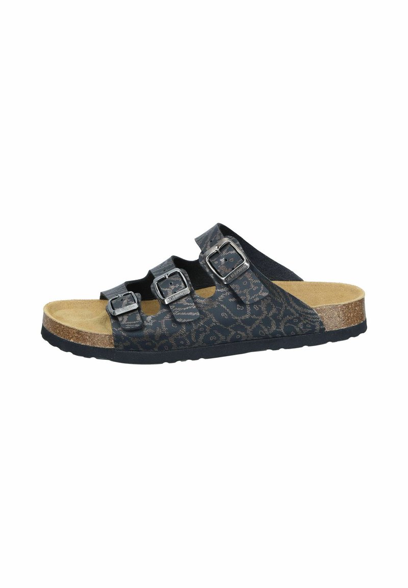Black and patterned slide sandal with three adjustable buckles, cork footbed, and textured outsole, ideal for casual wear.