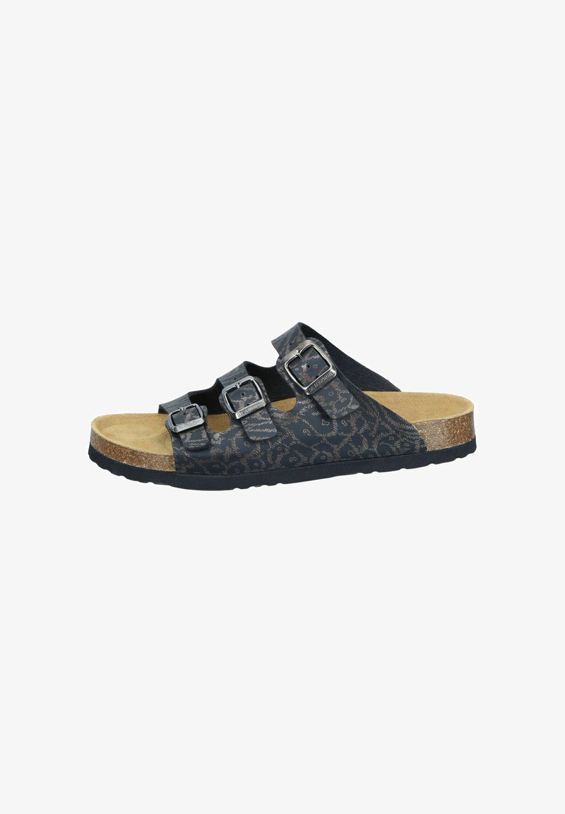 Black and patterned slide sandal with three adjustable buckles, cork footbed, and textured outsole, ideal for casual wear.