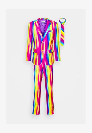 Completo dai colori vivaci con righe verticali in rosa, giallo, blu e verde. Include una cravatta abbinata. Tessuto liscio, vestibilità su misura.