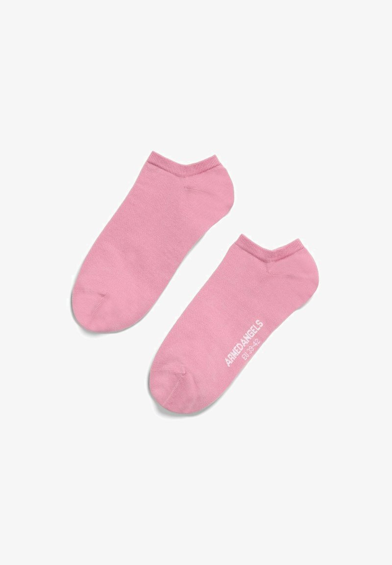 Paire de chaussettes basses roses avec texte blanc « 4HREDANGELS EU 39-42 » sur la semelle, présentée sur fond blanc.