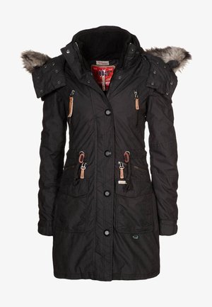 Manteau d'hiver long noir avec capuche bordée de fourrure, boutons sur le devant, poches poitrine zippées, taille ajustable par cordon et grandes poches avant inférieures.