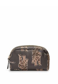 Bruine ritstas met een tijgerpatroon in beige. Gemaakt van soepel materiaal, met een afgeronde vorm en accenten van goudkleurige hardware.