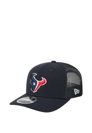 Navy baseball cap with a solid front, mesh back, featuring an embroidered Houston Texans logo in red, white, and blue.