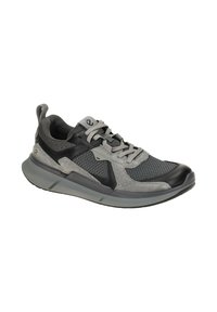 Sport shoe featuring a mesh and suede upper in shades of grey and black, with a padded collar, laces, and a cushioned sole.