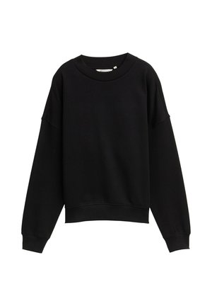 Schwarzer Sweatshirt mit gerippter Textur, rundem Ausschnitt, überschnittenen Schultern und verkürzt geschnittenem Saum. Einfaches Design ohne sichtbare Logos oder Muster.