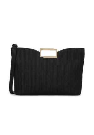 Fekete fonott válltáska sima bőr szegéllyel, elöl téglalap alakú fém díszítéssel. Állítható vállpánttal.
