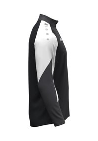 Top sportivo a maniche lunghe in bianco e nero con colletto alto, caratterizzato da una texture liscia, pannelli spalla a contrasto e bottoni decorativi.