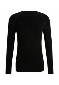Zwarte langemouwen shirt gemaakt van soepel, rekbaar materiaal. Heeft een ronde halslijn, raglanmouwen en subtiele textuurdetails.