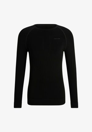 Schwarzes Langarmshirt aus glattem, elastischem Stoff. Mit rundem Halsausschnitt, Raglanärmeln und dezenter Texturierung.