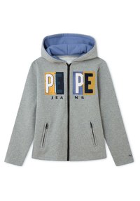 Sudadera con capucha gris con cremallera y forro interior azul, con texto multicolor "PEPE JEANS" y dos bolsillos laterales con cremallera. Material de mezcla de algodón.