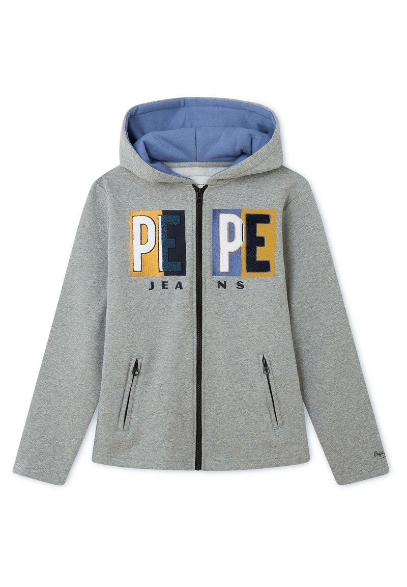 Sudadera con capucha gris con cremallera y forro interior azul, con texto multicolor "PEPE JEANS" y dos bolsillos laterales con cremallera. Material de mezcla de algodón.