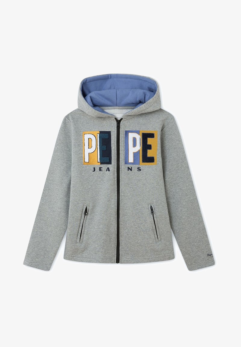 Sudadera con capucha gris con cremallera y forro interior azul, con texto multicolor "PEPE JEANS" y dos bolsillos laterales con cremallera. Material de mezcla de algodón.