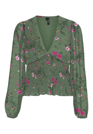 Grøn bluse med lange ærmer med pink og gul blomsterprint, dyb V-hals, knapper foran, puffede skuldre og udsmøgede talje.