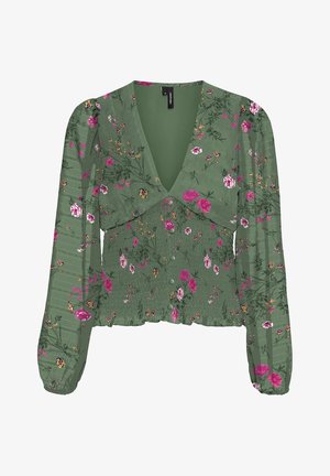 Groene blouse met lange mouwen met roze en gele bloemenprint, diepe V-hals, knoopsluiting aan de voorkant, pofschouders en een geplooide taille.