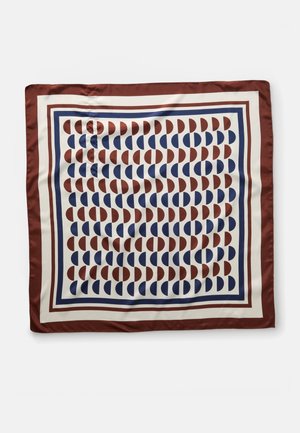 Square scarf with alternating rows of blue and brown semicircles on a white background, bordered by brown and blue stripes.