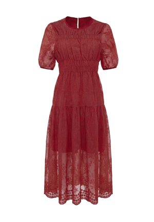 Red midi dress with sheer puff sleeves, smocked waist, tiered skirt, and floral lace overlay, featuring a keyhole button closure at the back.