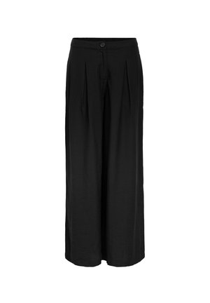Pantaloni neri a gamba larga con pieghe, chiusura a bottone e cintura, mostrati frontalmente con una texture di stoffa liscia.