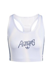 Bela športna modrčka z nastavljivimi naramnicami, ki ima temno modri "Adidas" logotip in subtilne stranske črte za dodaten detajl. Gladka tekstura.