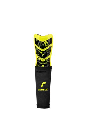 Espinillera Reusch amarilla y negra con funda de tela de malla diseñada para protección deportiva.