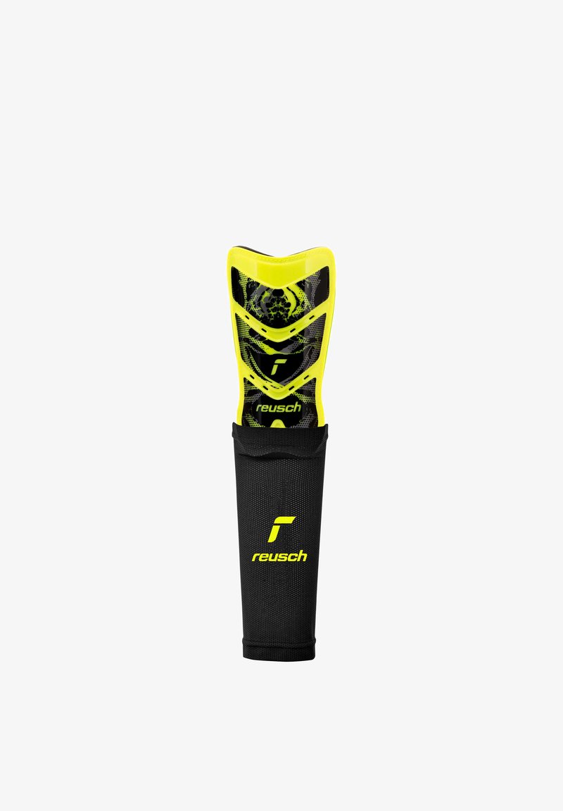 Protège-tibia Reusch jaune et noir avec manche en tissu mesh conçu pour la protection sportive.