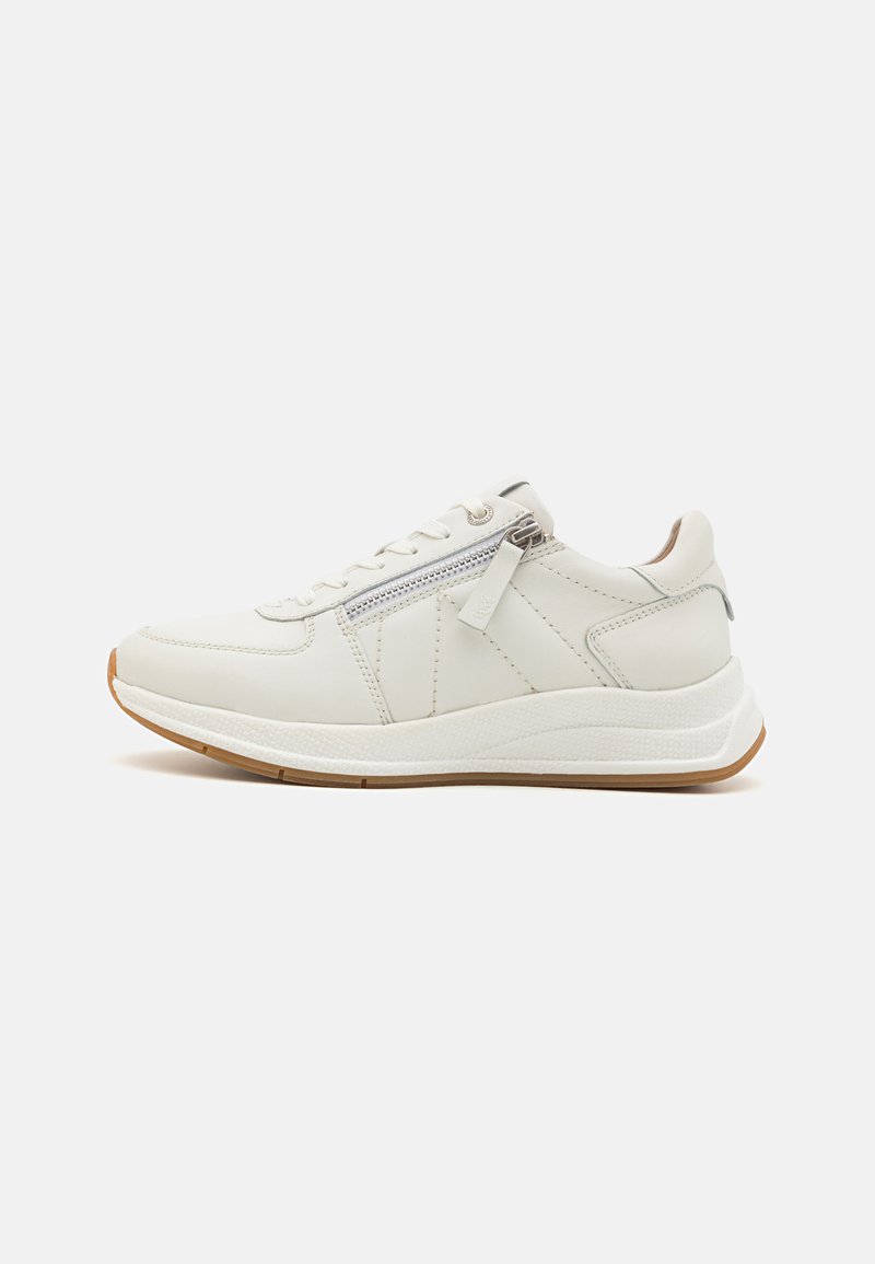 Weiße Leder Sneaker mit einer strukturierten Gummisohle, Schnürverschluss und einem seitlichen dekorativen Reißverschluss. Verfügt über ein minimalistisches Design und eine mandelförmige Schuhspitze.