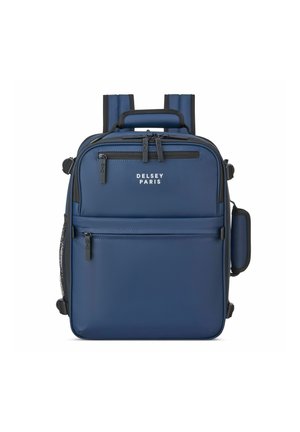 Zaino blu di Delsey Paris, con materiale liscio, spallacci imbottiti doppi, manico superiore, scomparti con zip e logo sul davanti.