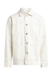 Hvid denimjakke med krave, frontlukning med knapper og to store brystlommer. Har synlige syninger og knapper i rosaguld.