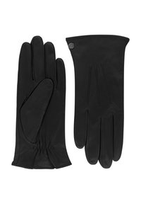 Gants en cuir noir avec une texture lisse, un design ajusté et des coutures froncées au poignet. Présente des accents décoratifs sur le poignet.