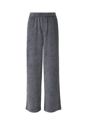 Grijze corduroy wijde broek met een elastische tailleband. Verticale ribbels, losse pasvorm en geen zichtbare zakken.