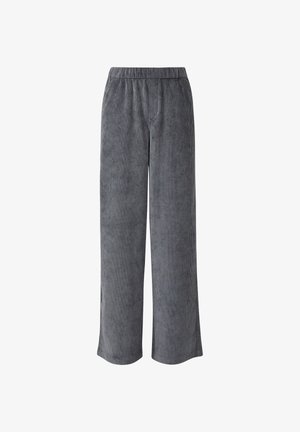 Grijze corduroy wijde broek met een elastische tailleband. Verticale ribbels, losse pasvorm en geen zichtbare zakken.