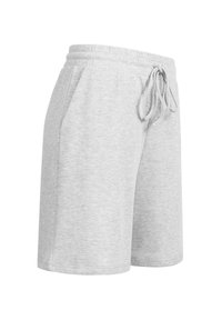 Jasnoszare, bawełniane szorty do kolan z elastycznym paskiem w talii, sznurkiem do regulacji i bocznymi kieszeniami, zaprezentowane na białym tle.