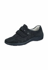 Black shoes with a velvet texture, featuring a decorative pattern, two adjustable velcro straps, and a flexible rubber sole.