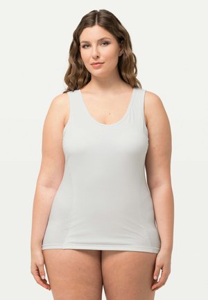 Lichtgrijze tanktop met een ronde halslijn, gemaakt van soepele, rekbare stof. Heeft brede schouderbanden en een aansluitend ontwerp.