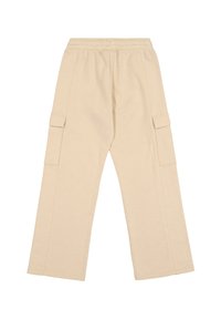 Beige Cargo-Shorts mit entspannter Passform, ausgestattet mit zwei seitlichen Taschen, einem elastischen Bund und einem weichen, strukturierten Baumwoll-Mischgewebe.