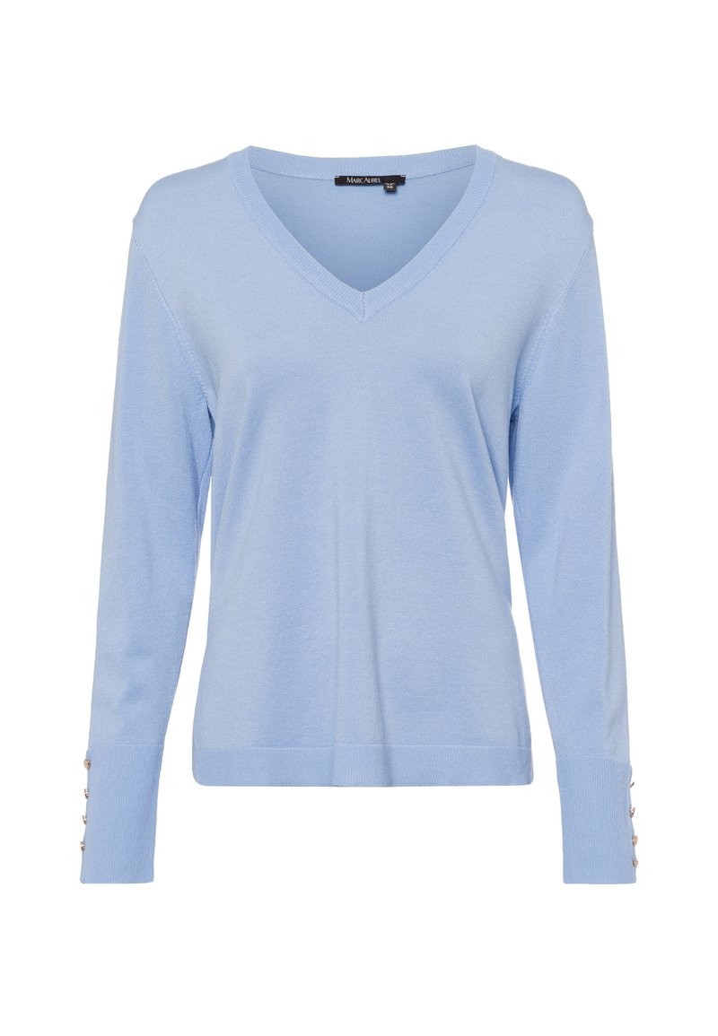 Hellblaues V-Ausschnitt-Pullover mit langen Ärmeln, verfügt über Knopfakzente an den Bündchen, aus weichem Material, mit glatter Textur und körperbetontem Design.