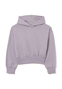 Sudadera corta de color púrpura claro, hecha de una tela suave, con capucha ajustable, mangas largas y dobladillos y puños elásticos.