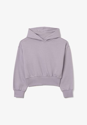 Sudadera corta de color púrpura claro, hecha de una tela suave, con capucha ajustable, mangas largas y dobladillos y puños elásticos.