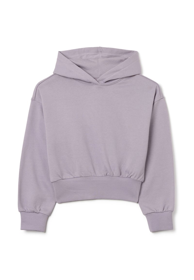 Sudadera corta de color púrpura claro, hecha de una tela suave, con capucha ajustable, mangas largas y dobladillos y puños elásticos.
