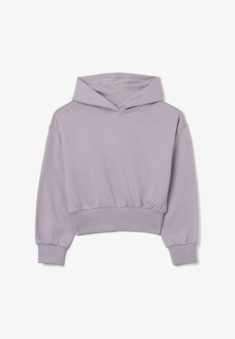 Sudadera corta de color púrpura claro, hecha de una tela suave, con capucha ajustable, mangas largas y dobladillos y puños elásticos.