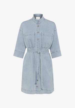 Light blue denim dress with a collared neckline, half sleeves, button front, two chest pockets, and a fabric belt at the waist.