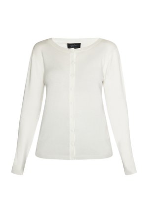 Cárdigan blanco de manga larga hecho de material suave, con cuello redondo, cierre de botones y silueta ajustada.