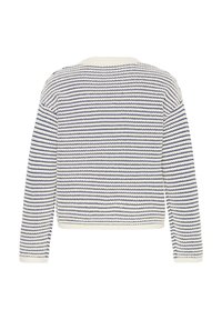 Langærmet strikket sweater med marineblå og hvide horisontale strukturerede striber, rund halsudskæring og ribstrikkede manchetter og kant, vist bagfra.