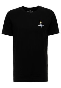 Černé bavlněné tričko s kulatým výstřihem, krátkými rukávy a malým vyšívaným designem s textem "ABSO LIT" a plamennou grafikou.