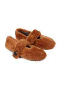 Brązowe, puszyste kapcie z zaokrąglonym czubkiem, paskiem Mary Jane i akcentem w postaci guzika. Miękka tekstura i konstrukcja do użytku wewnętrznego.