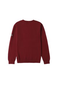 Maglione bordeaux con scollo a girocollo e maniche lunghe. Presenta polsini e orlo a coste, e una patch decorativa in bianco e nero sulla manica sinistra.