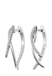 Silver hoop earrings with a twisted design, featuring a row of clear stones along one edge. Textured surface adds visual interest.